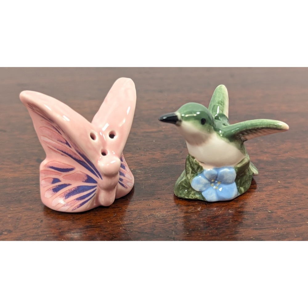 Hummingbird Butterfly Ceramic Salt Pepper Shakers Pink Green Floral Figurines